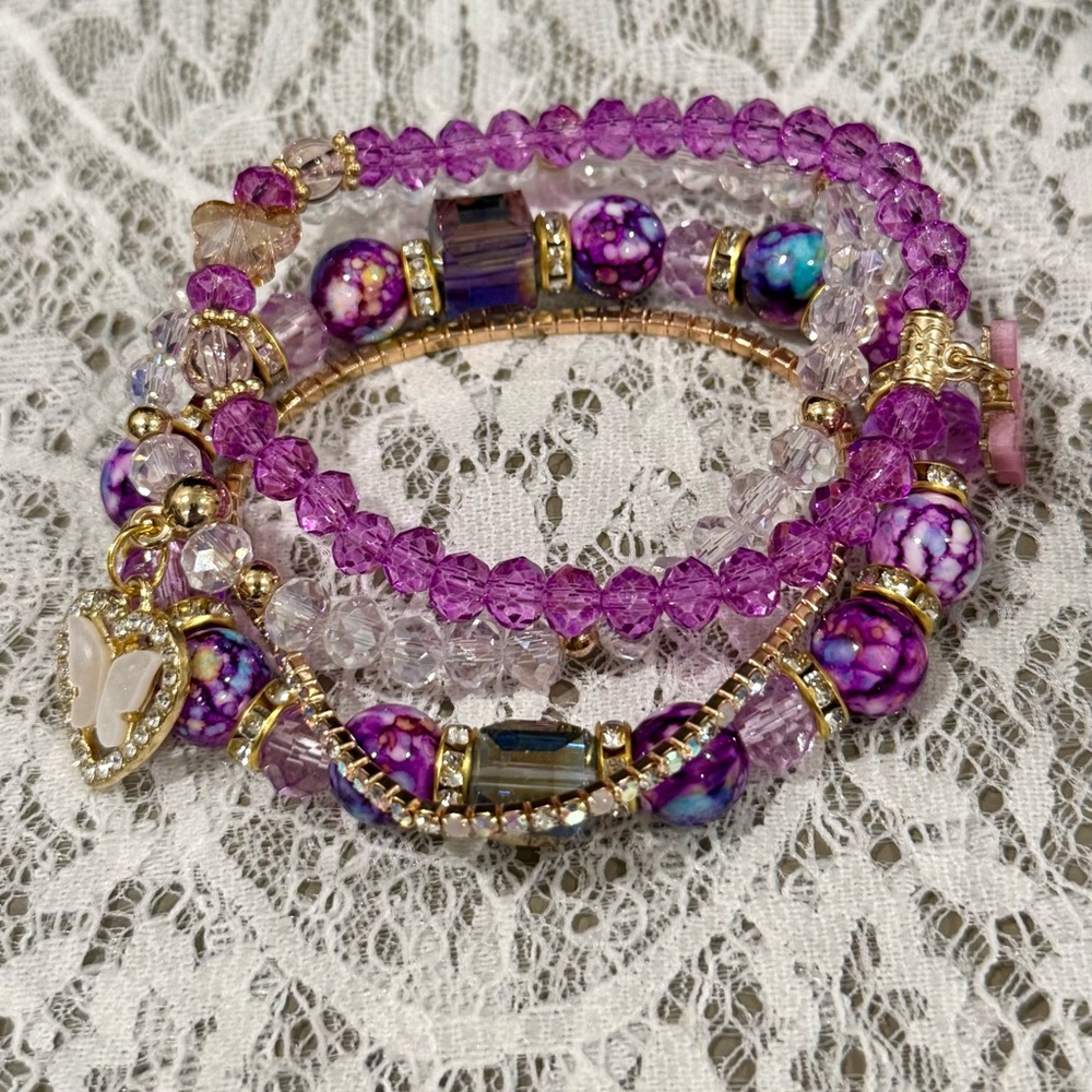 Purple and Gold Beaded Bracelet Set (4)